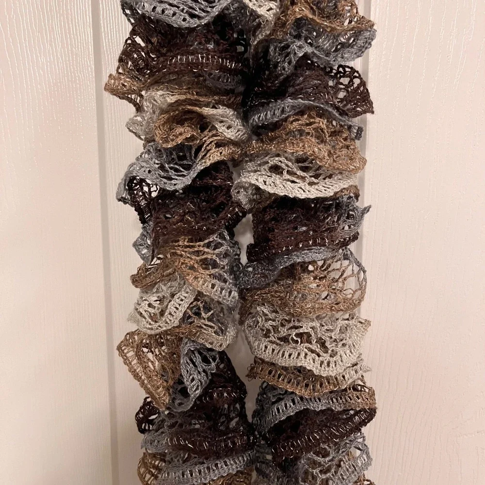 Ruffle Sashay Scarf Brown Grey Metallic Mesh Knit Lace Boa Spiral